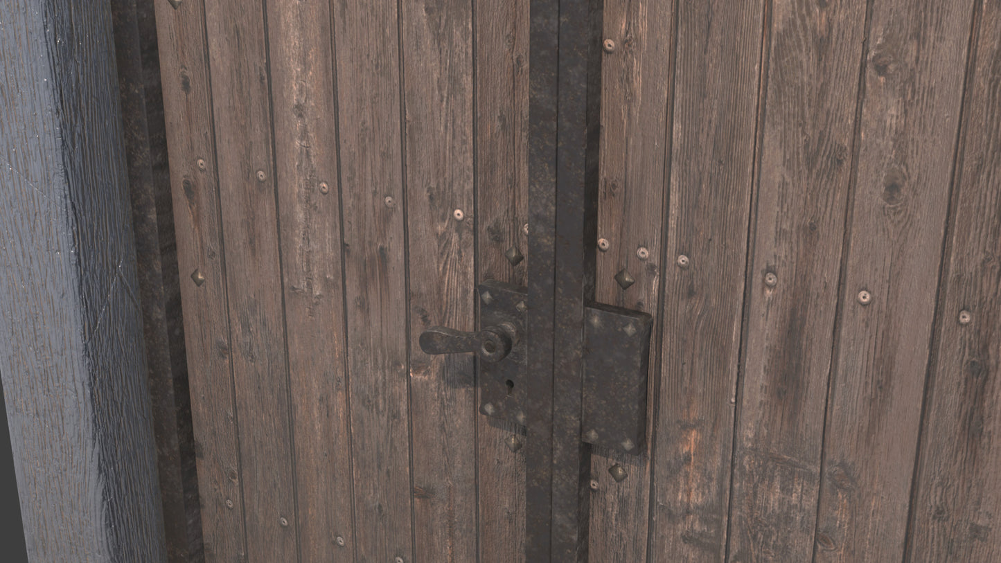 Close-up of a wooden door with metal hardware