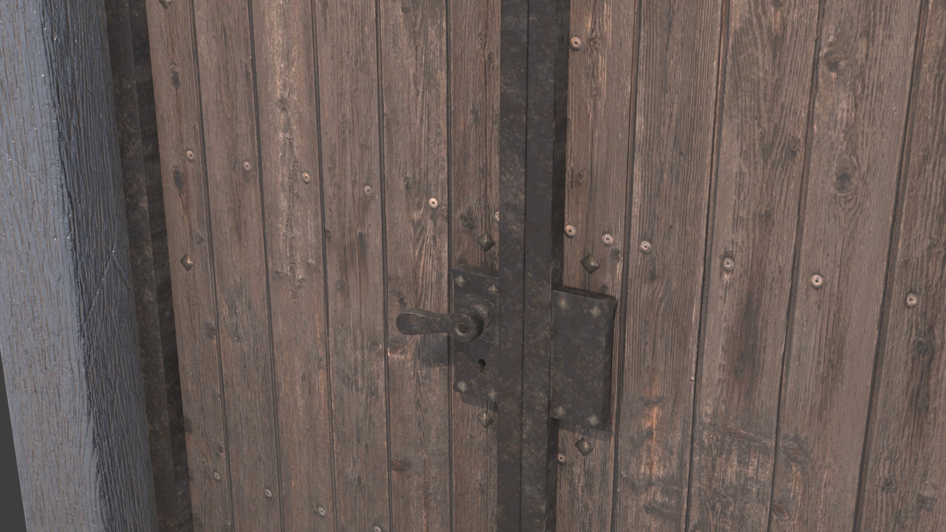Close-up of a wooden door with metal hardware