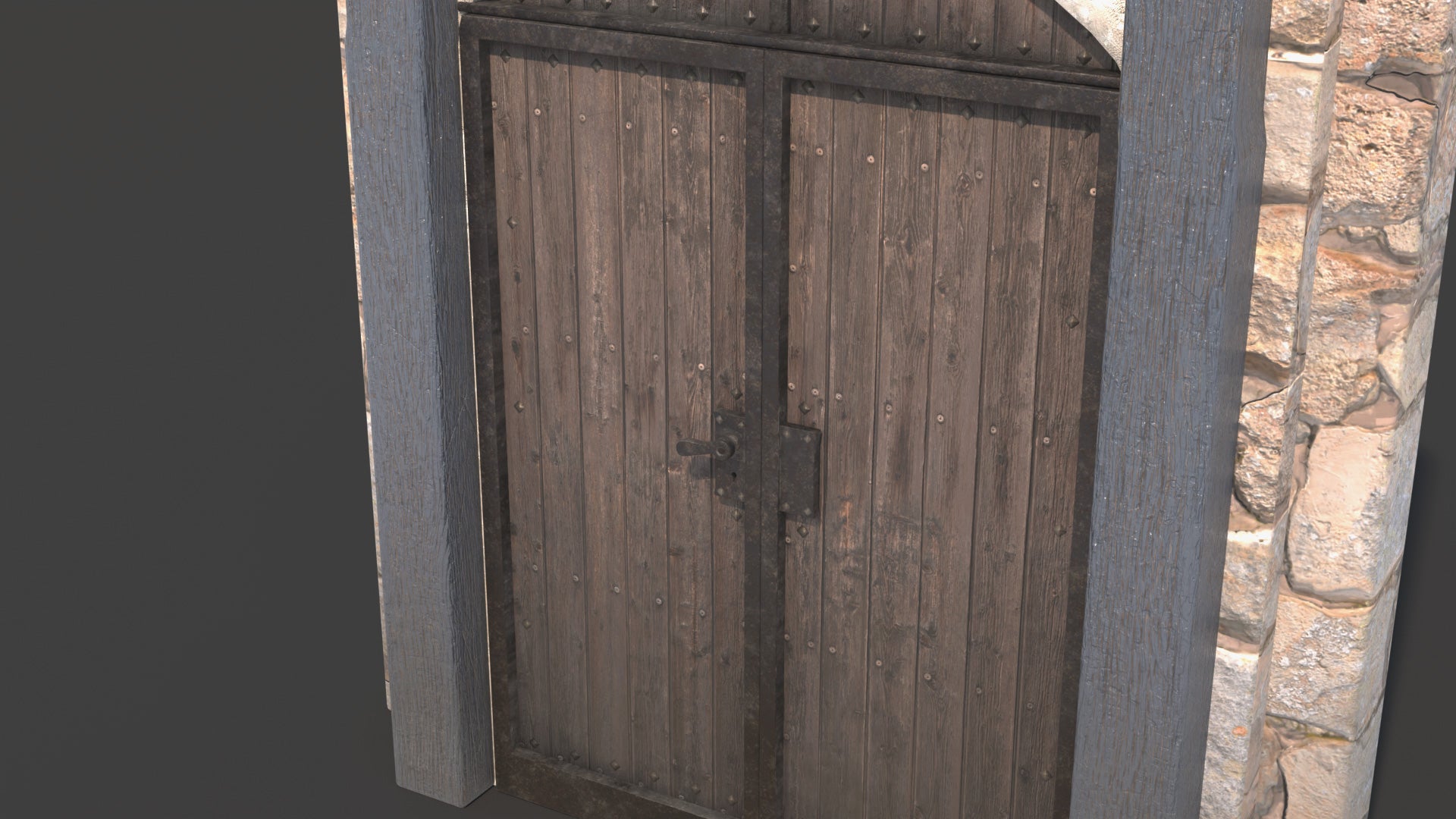 Wooden door with metal handle and lock on a stone wall background