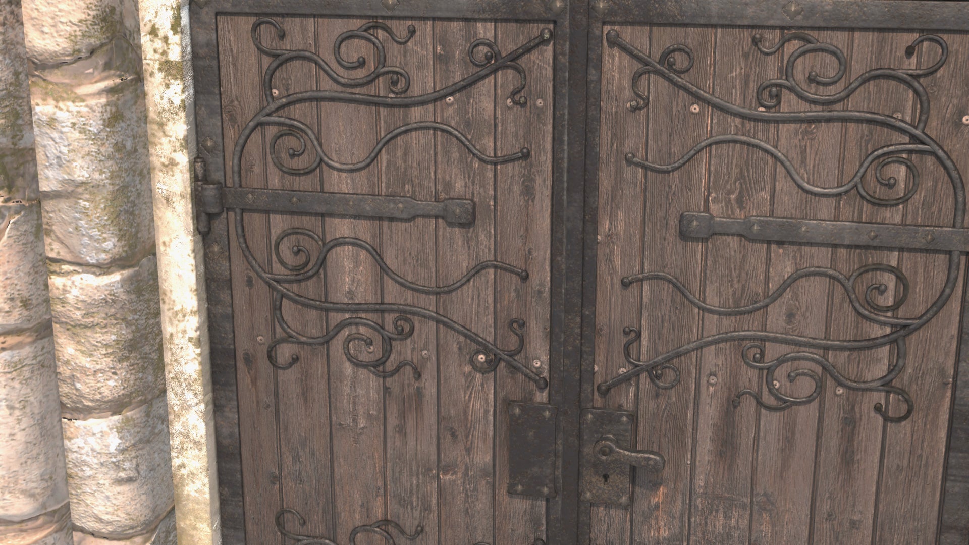 Wooden door with intricate metalwork and stone columns, 3d model, lowpoly, PBR, game asset