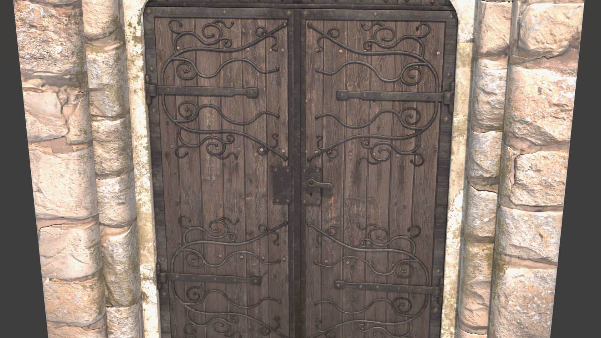 Decorative wooden door with metal fixtures on a stone wall background, 3d model, lowpoly, PBR, game asset