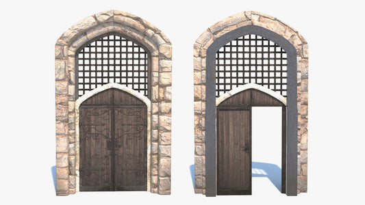 Stone archways with wooden doors on a white background, 3d model, lowpoly, PBR, game asset
