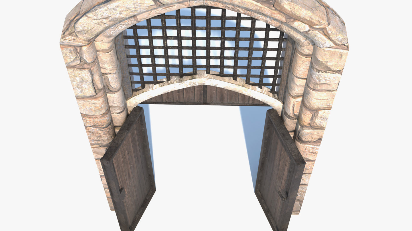 Stone archway with a wooden door and metal grille on a white background, 3d model, lowpoly, PBR, game asset