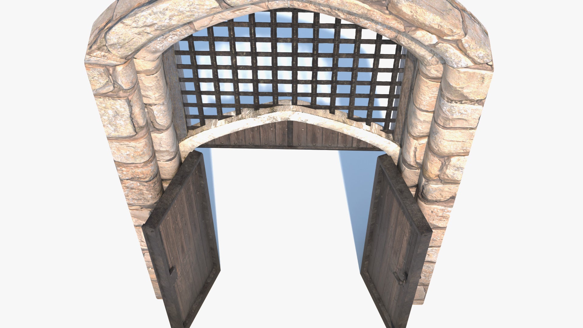 Stone archway with a wooden door and metal grille on a white background, 3d model, lowpoly, PBR, game asset