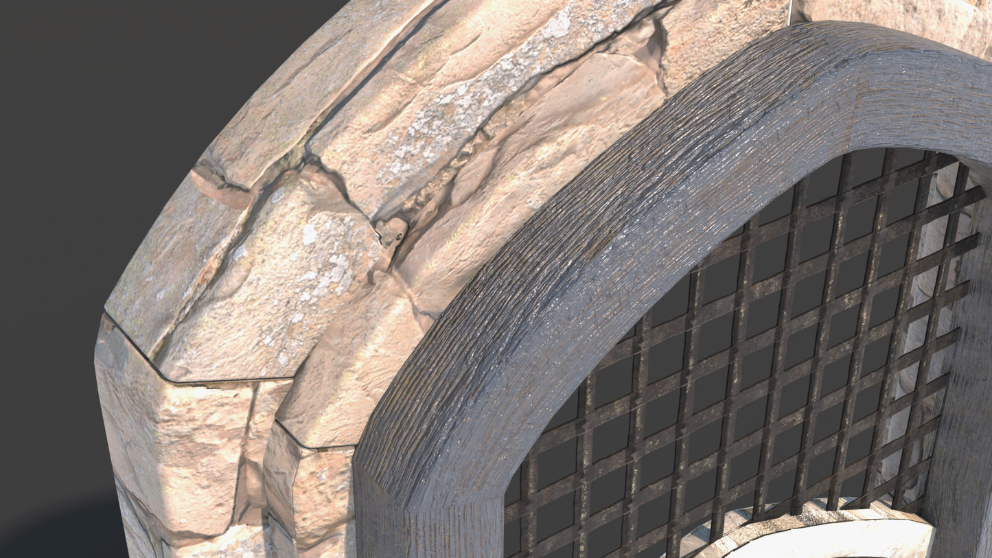 Close-up of a stone archway with a grid pattern