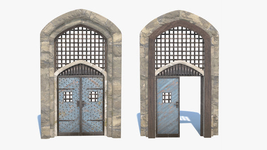 Two stone archway doors with decorative grid and reinforced iron rivets on a white background. Game ready 3D model with low poly count and PBR materials
