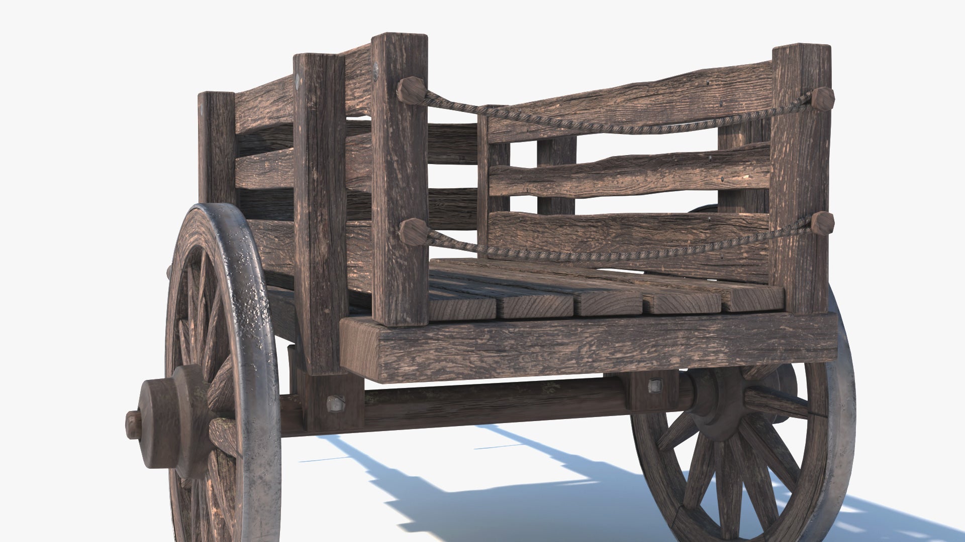 3D model of a medieval cart of two spoked wheels, heavily weathered by intense usage outdoors. The model has low polycount and PBR textures, looks extremely real, the perfect game asset for real-time visualizations.