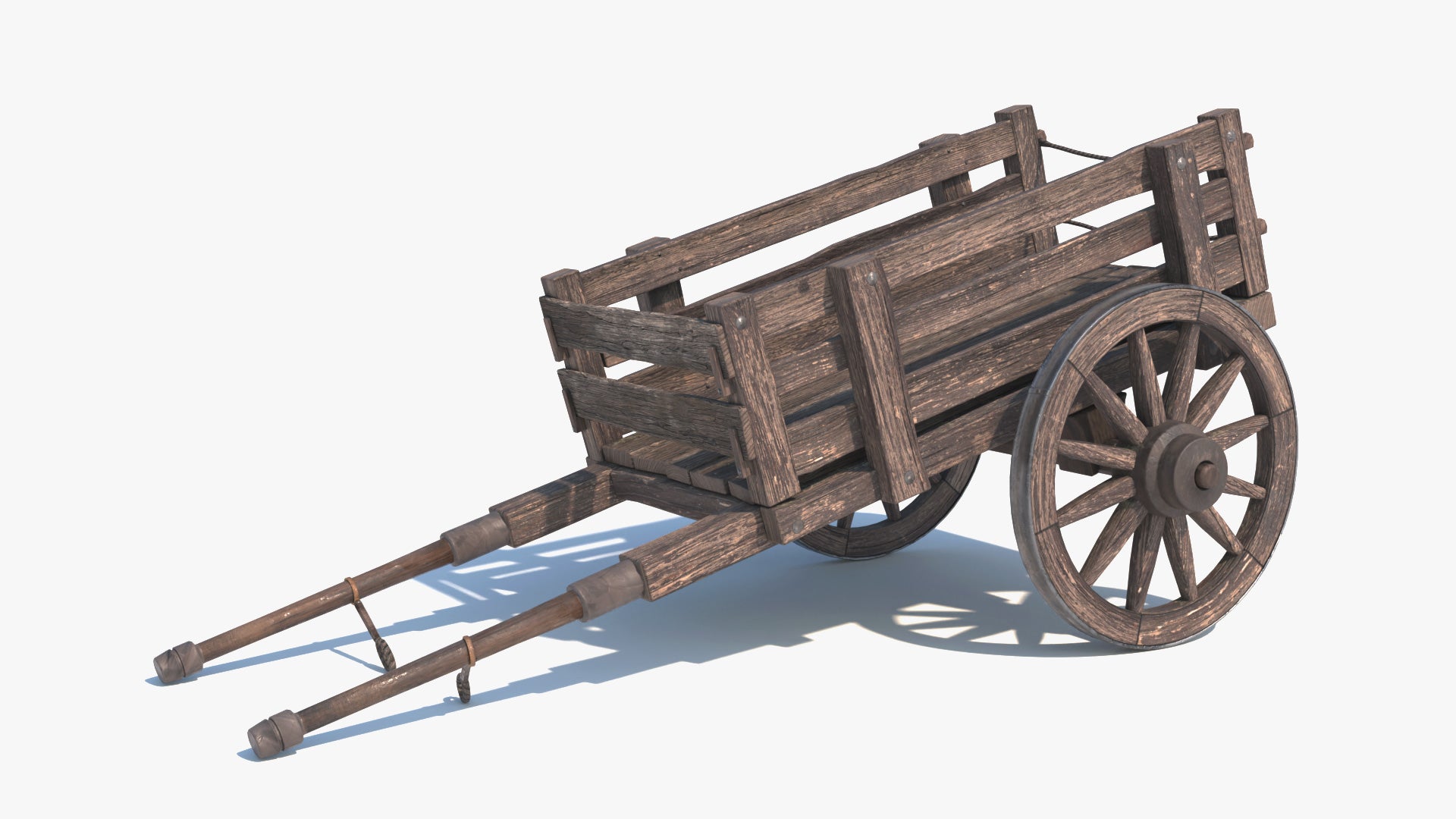 3D model of a medieval cart of two spoked wheels, heavily weathered by intense usage outdoors. The model has low polycount and PBR textures, looks extremely real, the perfect game asset for real-time visualizations.