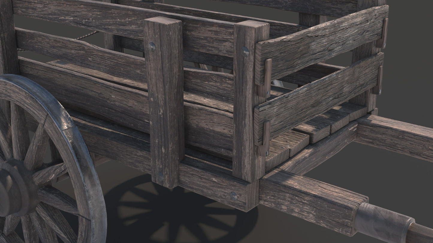 3D model of a medieval cart of two spoked wheels, heavily weathered by intense usage outdoors. The model has low polycount and PBR textures, looks extremely real, the perfect game asset for real-time visualizations.