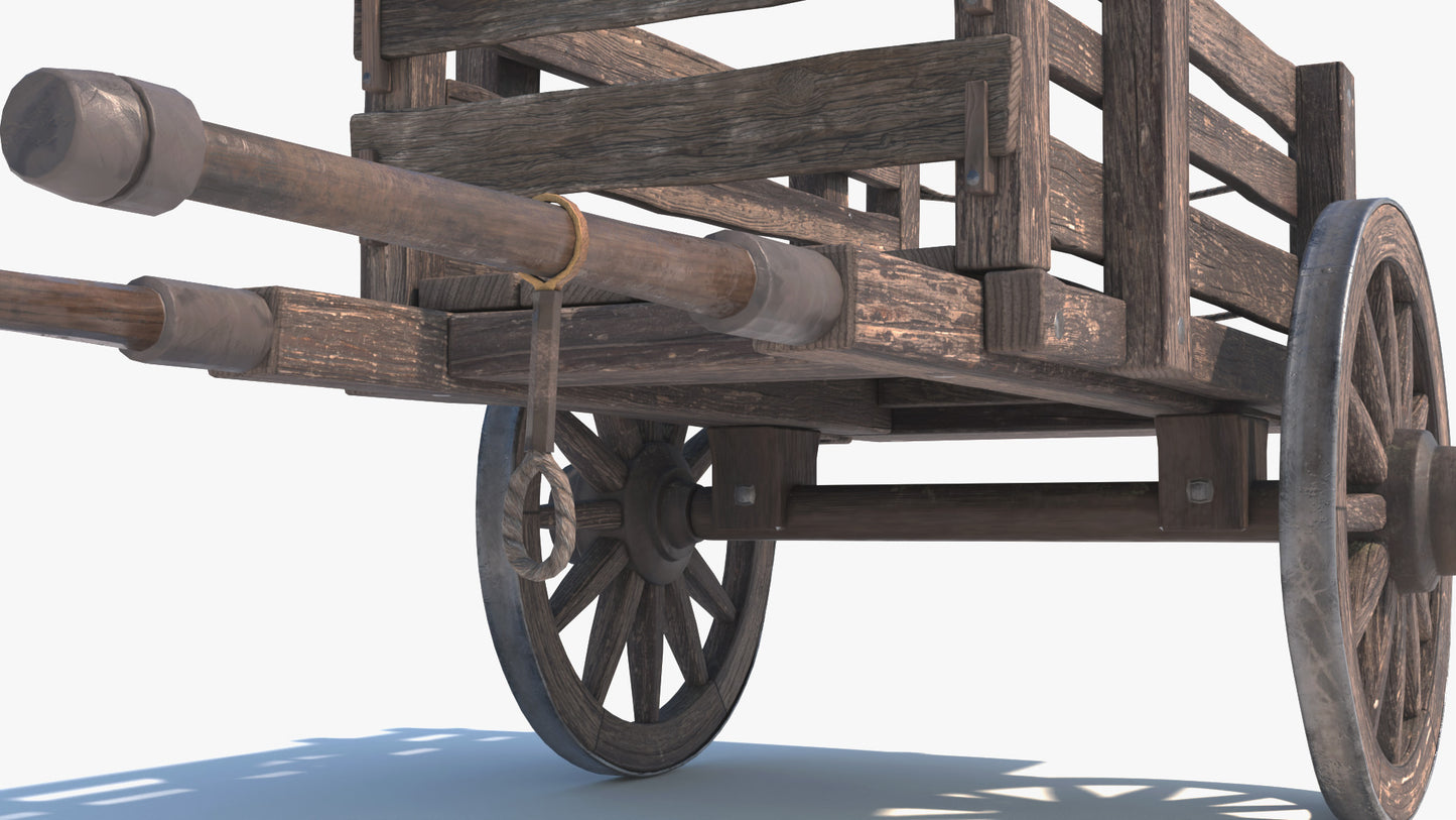 3D model of a medieval cart of two spoked wheels, heavily weathered by intense usage outdoors. The model has low polycount and PBR textures, looks extremely real, the perfect game asset for real-time visualizations.