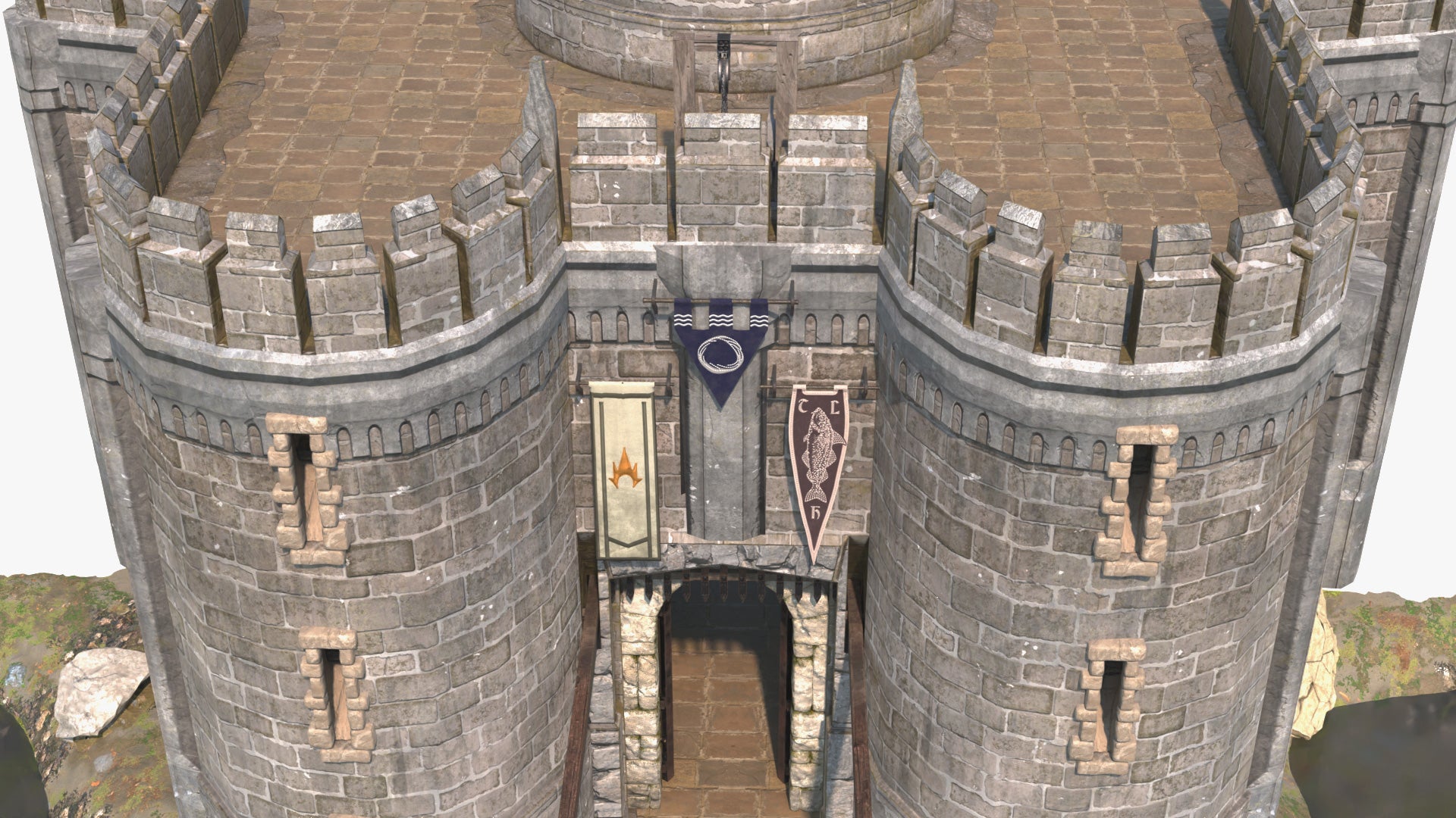 Medieval Castle gatehouse with a drawbridge and portcullis, 3D model game asset with PBR materials, low poly, realistic