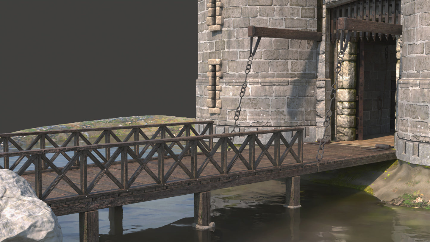 Medieval Castle gatehouse with a drawbridge and portcullis, 3D model game asset with PBR materials, low poly, realistic