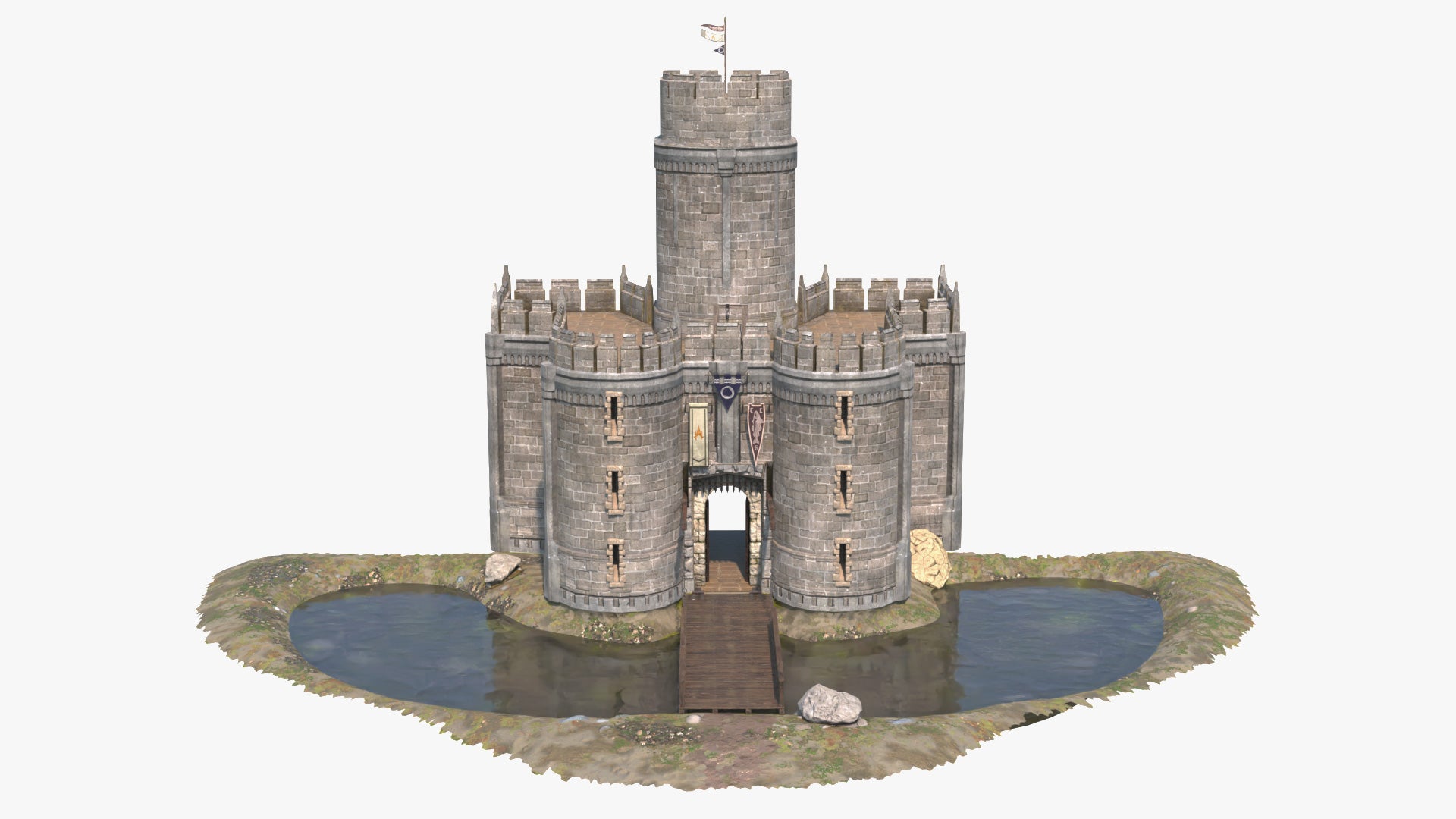 Medieval Castle gatehouse with a drawbridge and portcullis, 3D model game asset with PBR materials, low poly, realistic