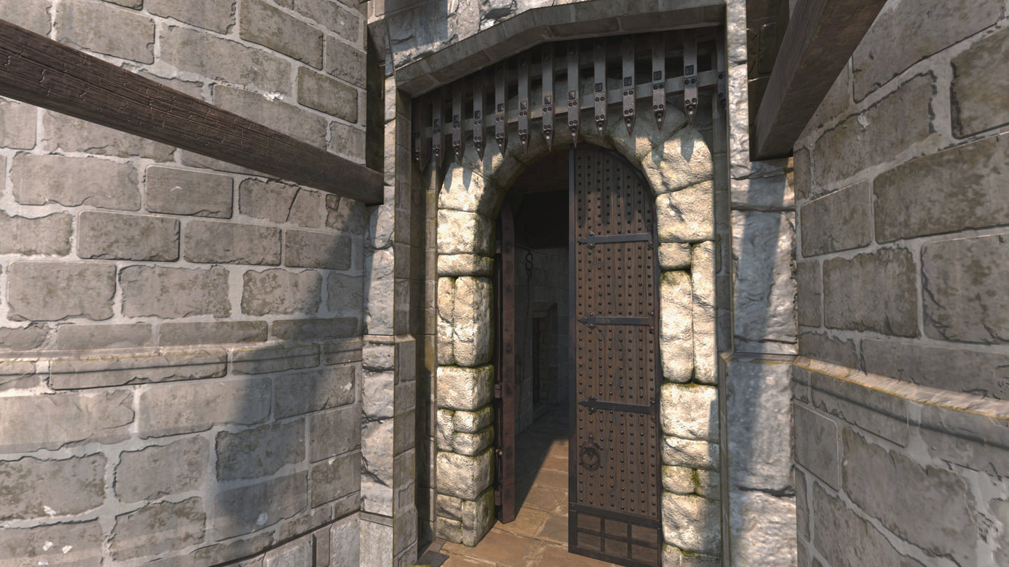 Medieval Castle gatehouse with a drawbridge and portcullis, 3D model game asset with PBR materials, low poly, realistic