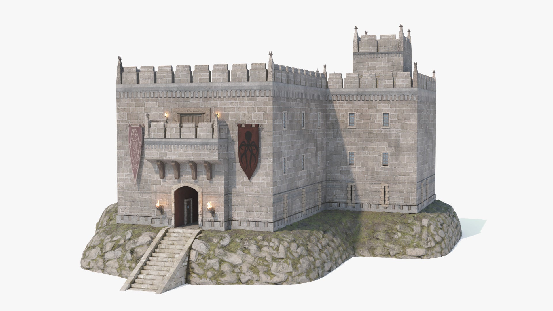 3D model of a medieval stone castle keep with battlements and banners.