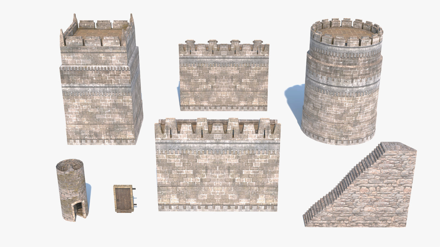 3D model of a medieval castle wall with two variations (defensive and inner), two towers (round and square), and two stairs (standard and spiral). Low polycount and PBR textures makes this model the perfect game asset