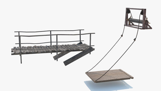 3D model of a medieval drawbridge with a chain and a tattered bridge