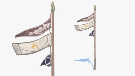 Set of flags with different designs on a white background. Game ready 3D model with low poly count and PBR materials