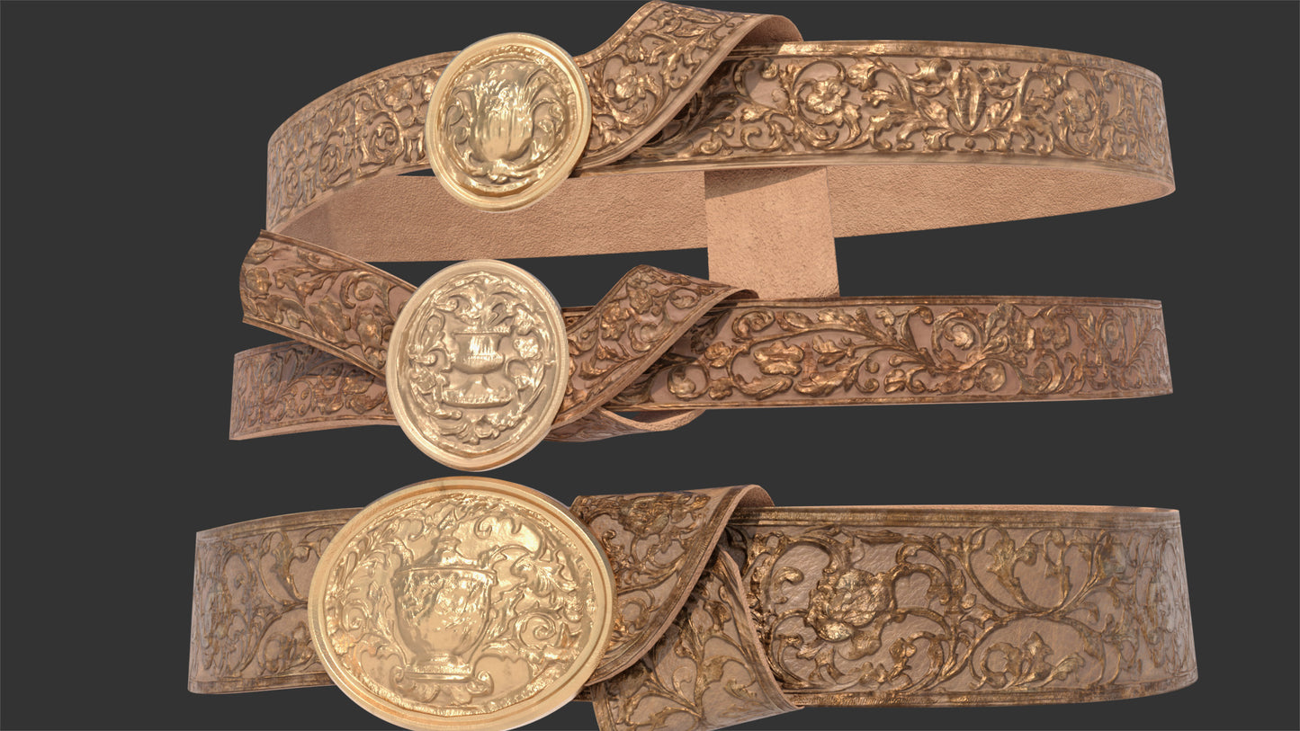 3D model of three belts in medieval fantasy style, inspired by ancient Rome, floral embossed details in the leather and a large metallic medallion for a buckle