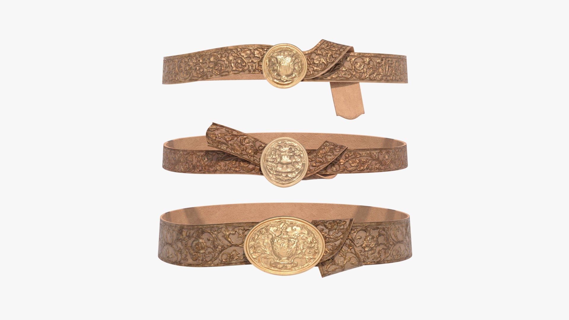 3D model of three belts in medieval fantasy style, inspired by ancient Rome, made with lowpoly and PBR textures
