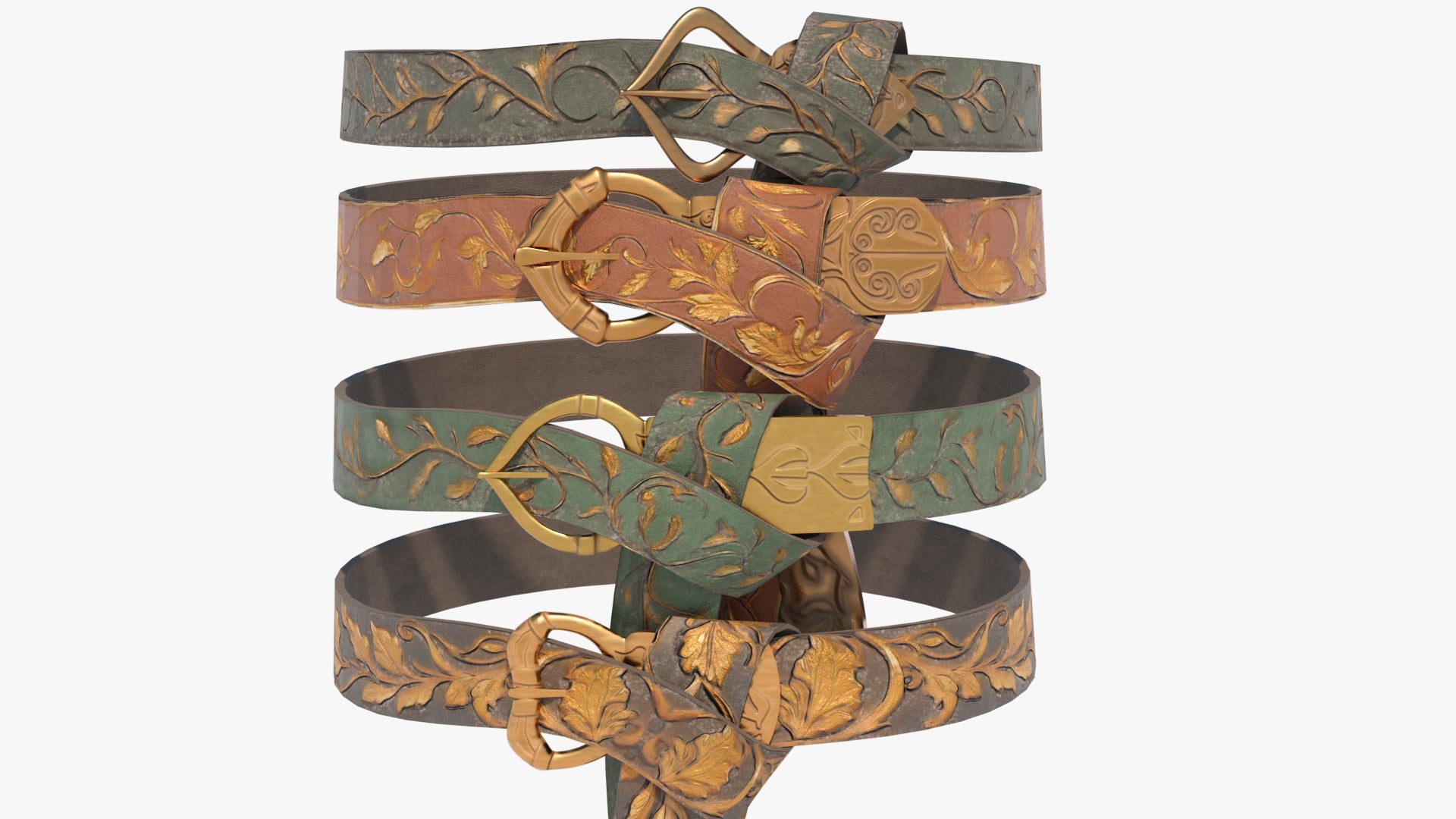 3D model of four medieval fantasy belts made of embossed leather with floral patterns, painted in gold, with elegant ancient buckles/ PBR textures and lowpoly