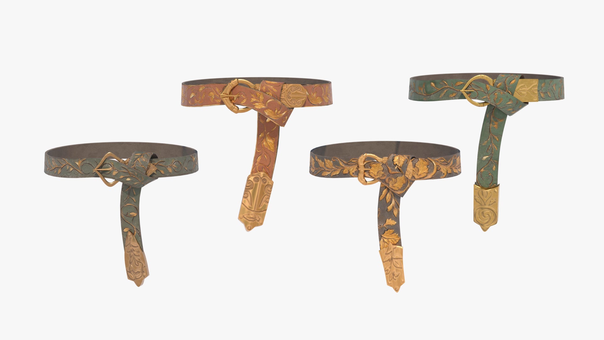 3D model of four medieval fantasy belts made of embossed leather with floral patterns, painted in gold, with elegant ancient buckles/ PBR textures and lowpoly
