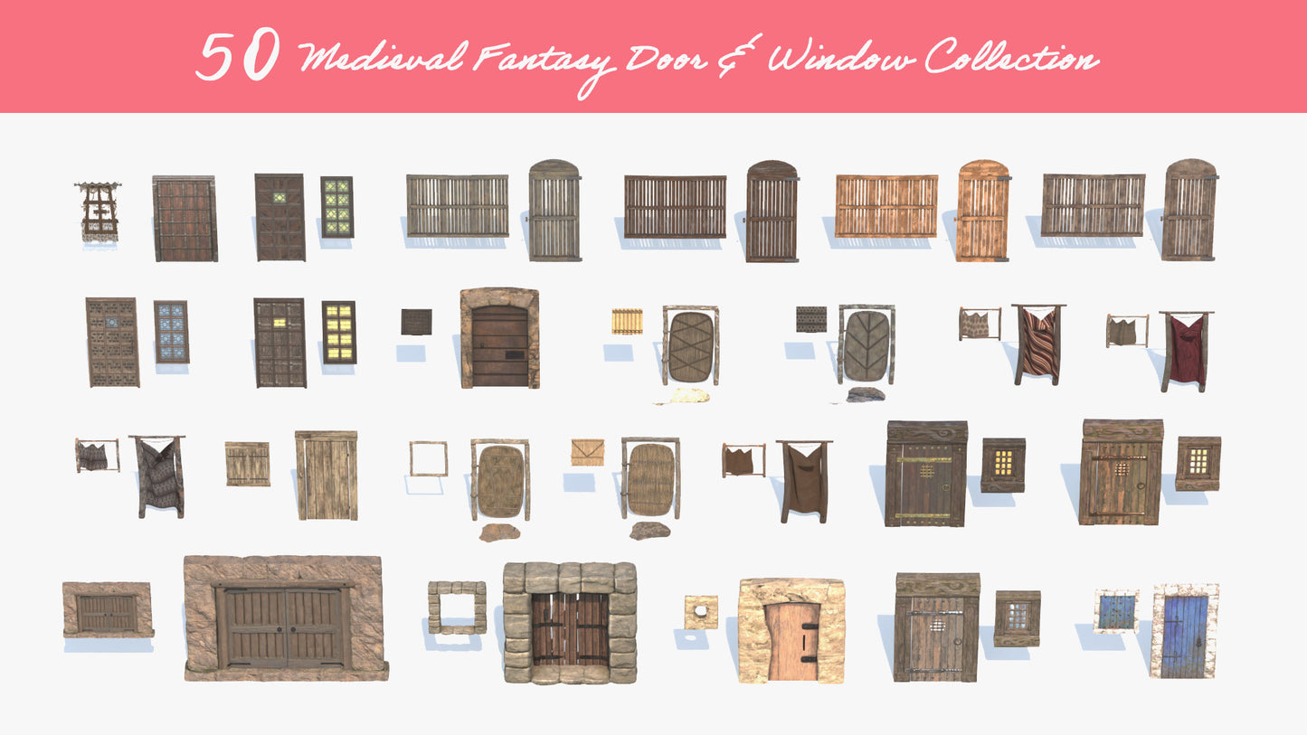 3D model collection of 50 medieval fantasy doors and windows, made with lowpoly and PBR materials, are perfect for videogames and real-time visualizations