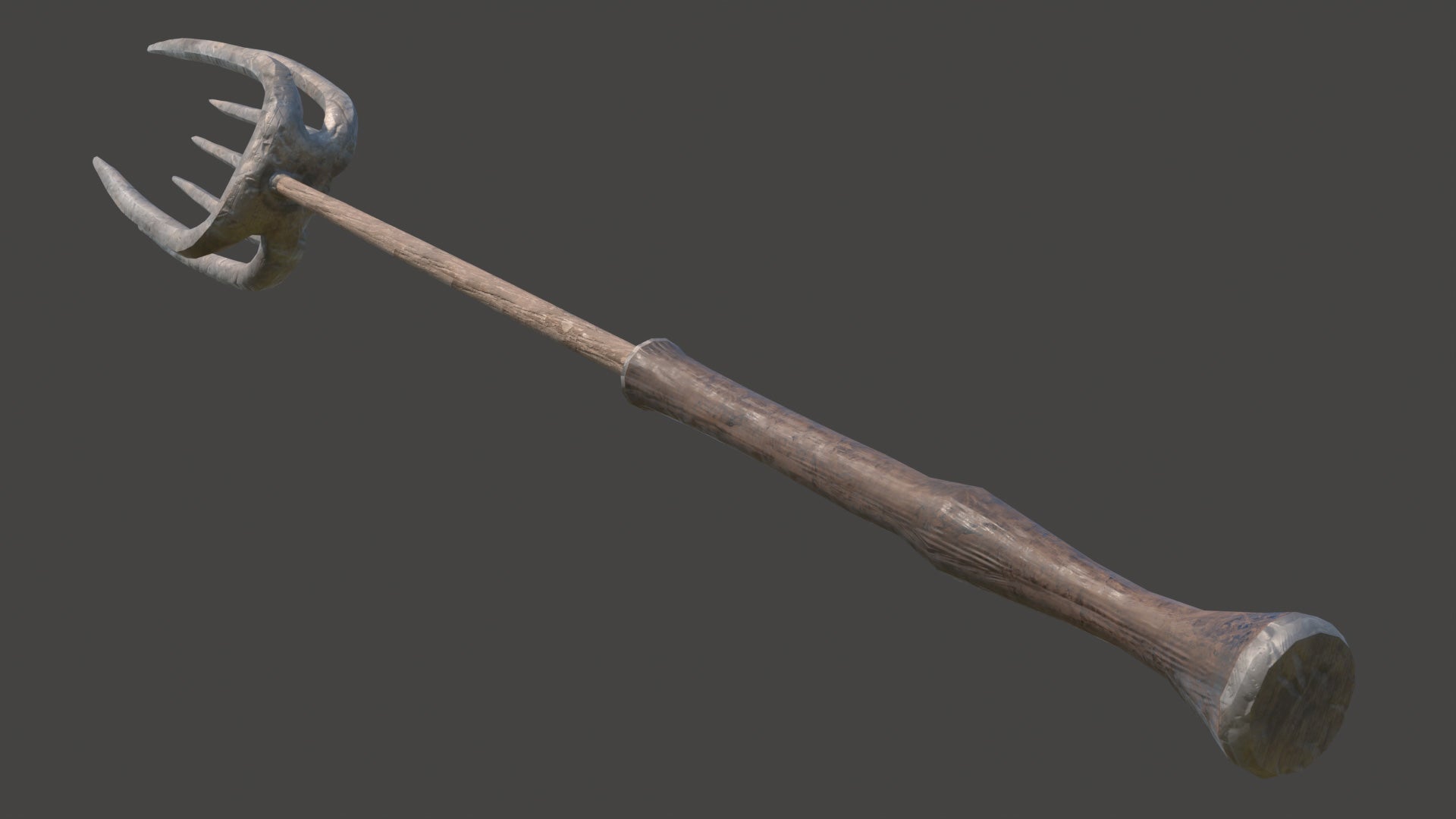 Medieval fantasy pitchfork 3D model crafted from rough, gnarled iron, attached to a hardwood shaft with a simple iron bolt. The shaft features a worn walnut handle, polished smooth by years of heavy use. PBR and lowpoly. Game asset