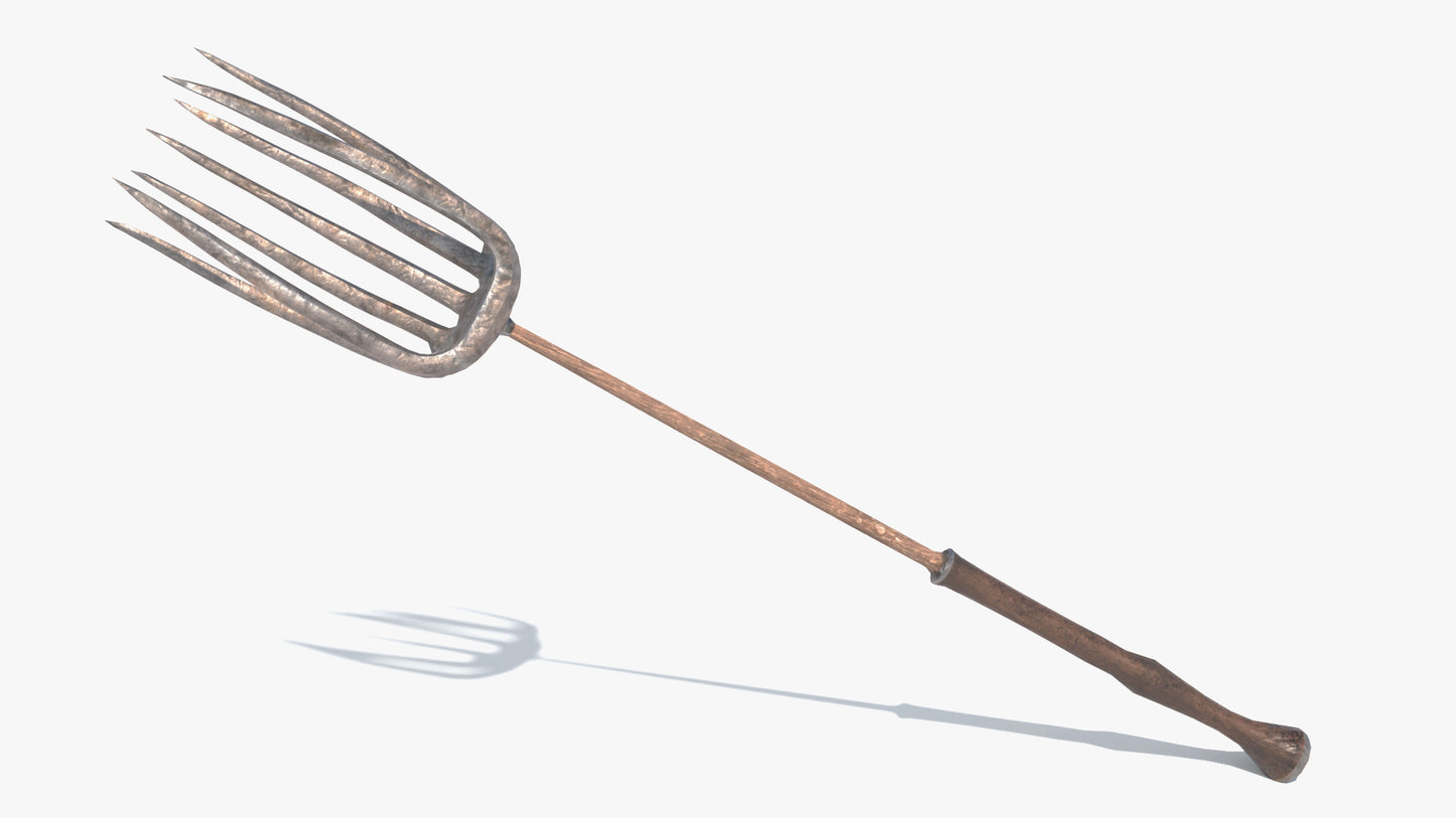 Medieval fantasy pitchfork 3D model crafted from rough, gnarled iron, attached to a hardwood shaft with a simple iron bolt. The shaft features a worn walnut handle, polished smooth by years of heavy use. PBR and lowpoly. Game asset