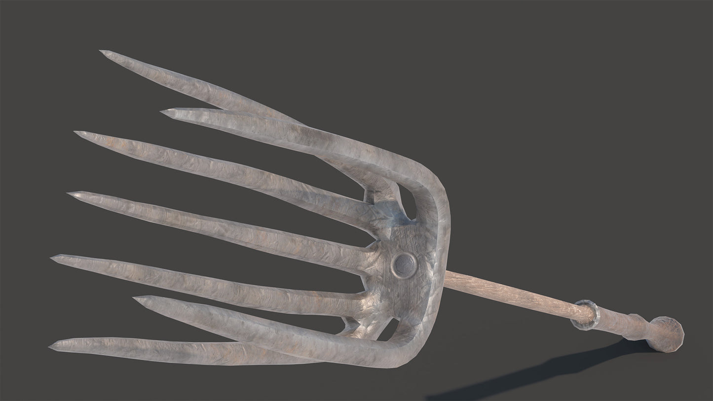 Medieval fantasy pitchfork 3D model crafted from rough, gnarled iron, attached to a hardwood shaft with a simple iron bolt. The shaft features a worn walnut handle, polished smooth by years of heavy use. PBR and lowpoly. Game asset