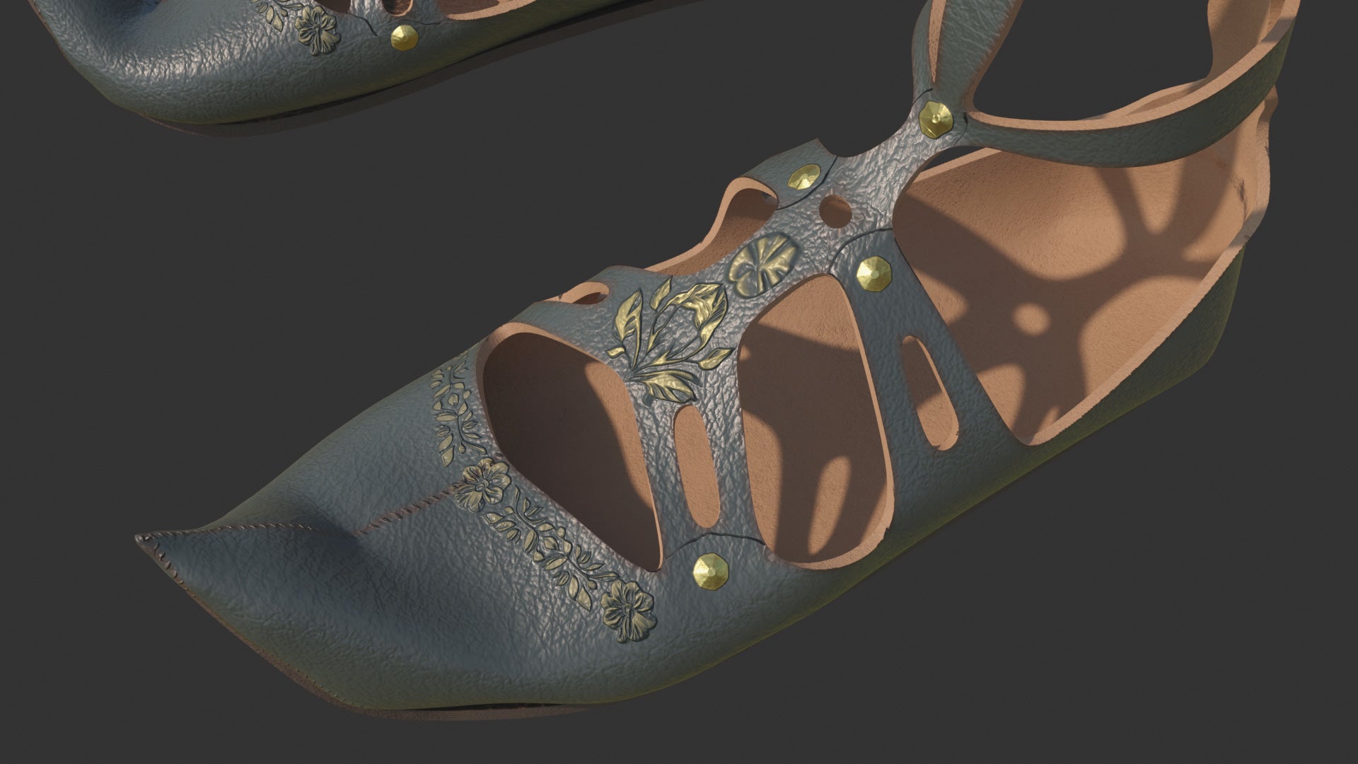 Medieval fantasy shoes / sandals with embossed floral motifs and painted in gold
