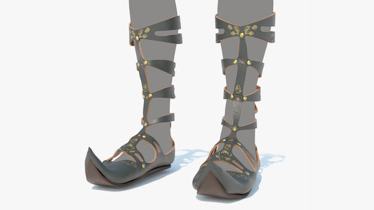 Medieval fantasy shoes / sandals, roman empire style with pointy tips, 3d model with lowpoly and PBR textures