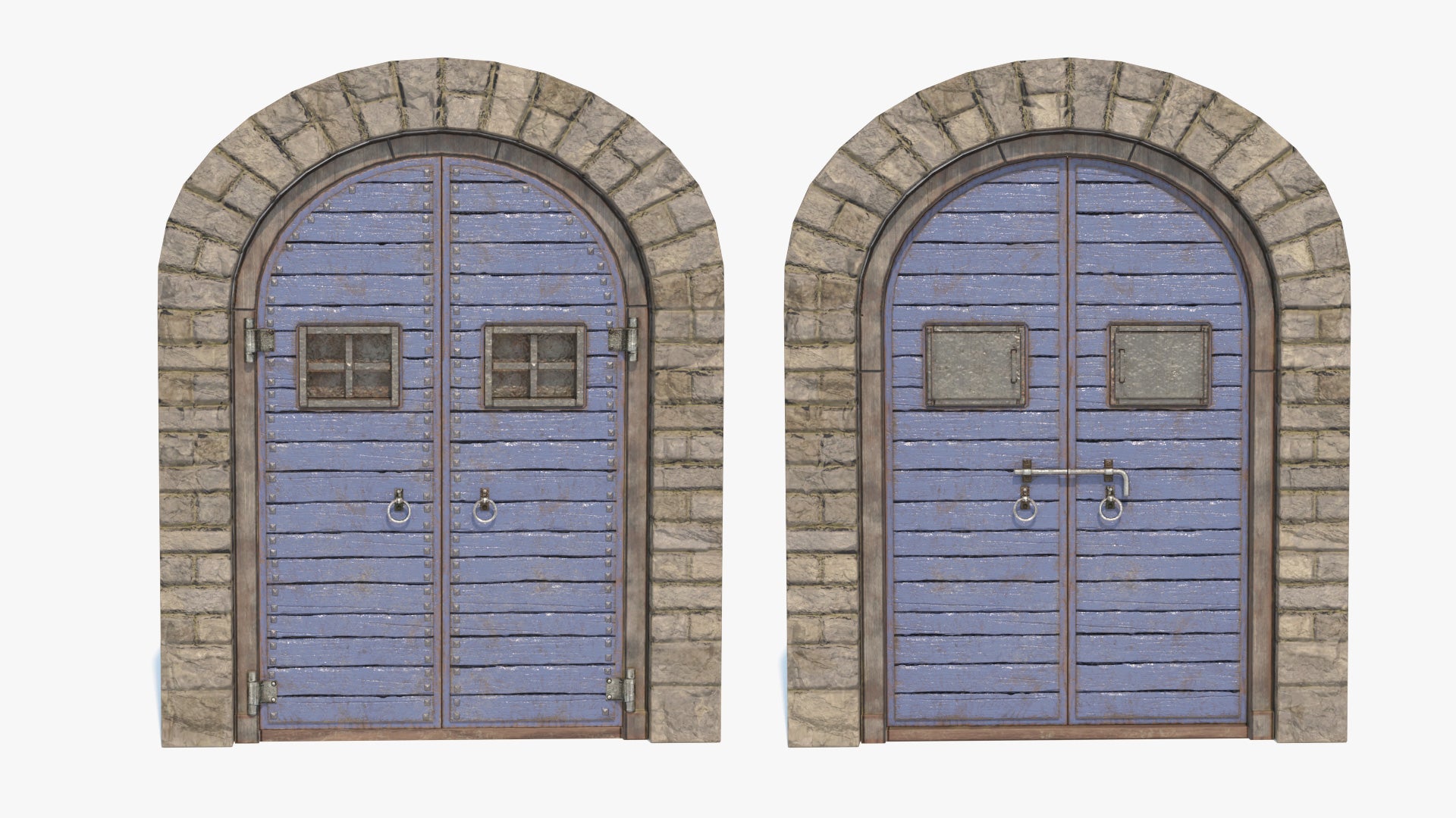 Medieval arched keep gate 3D model with stone arch, weathered wooden double doors, iron hardware, and PBR textures, optimized for games and real-time environments.