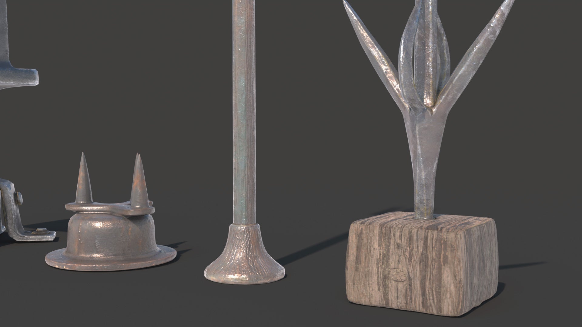 3D model of four medieval lightning rods made of weathered iron. They have a spiked design with three points in the Tar style. PBR textures and lowpoly count make this product great for games and cinematics.