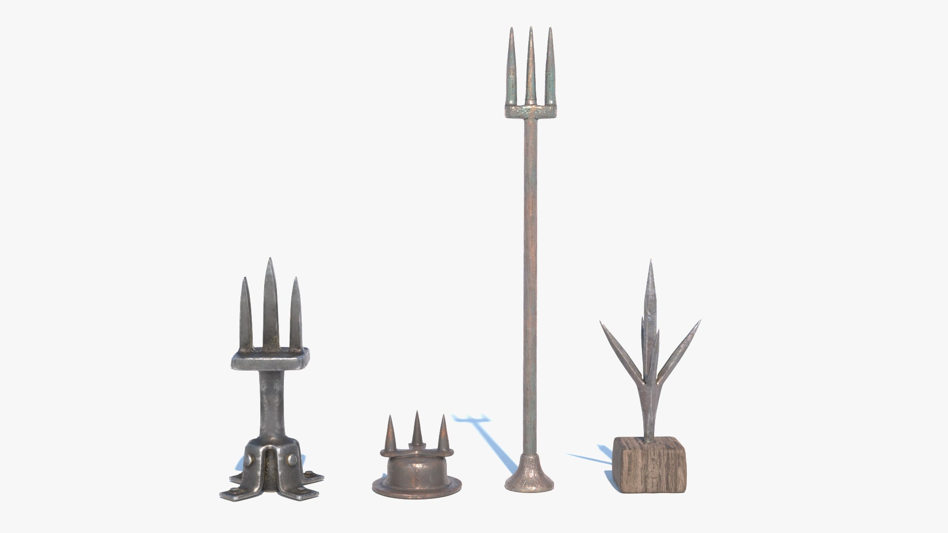 3D model of four medieval lightning rods made of weathered iron. They have a spiked design with three points in the Tar style. PBR textures and lowpoly count make this product great for games and cinematics.