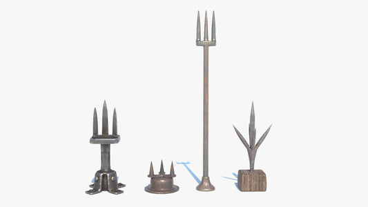 3D model of four medieval lightning rods made of weathered iron. They have a spiked design with three points in the Tar style. PBR textures and lowpoly count make this product great for games and cinematics.
