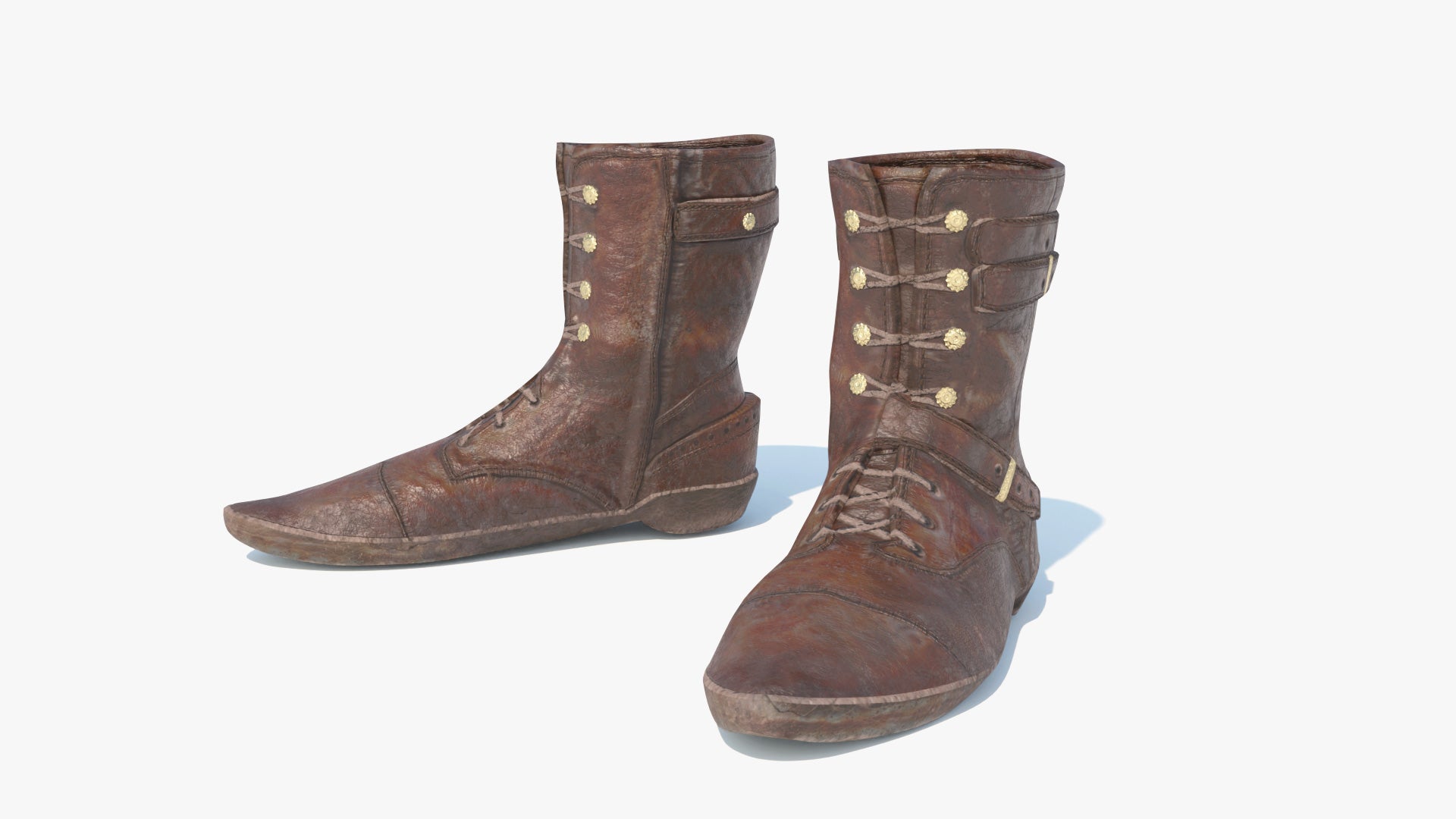 3D model of short medieval boots with pointy ends, made of leather, with rough suede cords and weather surfaces. The model is lowpoly and PBR, but looks very realistic