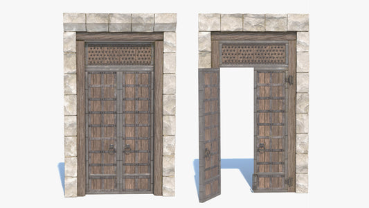 3D model of a medieval town gate door set on a stone arch, reinforced with iron rivets, ring handles, and hinges. Low poly count and pbr textures