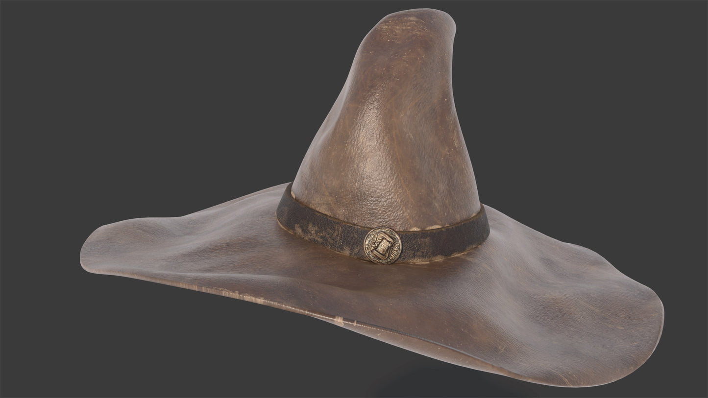 3D model of a medieval witch hat made of worn leather with a belt and an ancient buckle. The model has low polycount, PBR textures and clean UV, perfect for games and the metaverse
