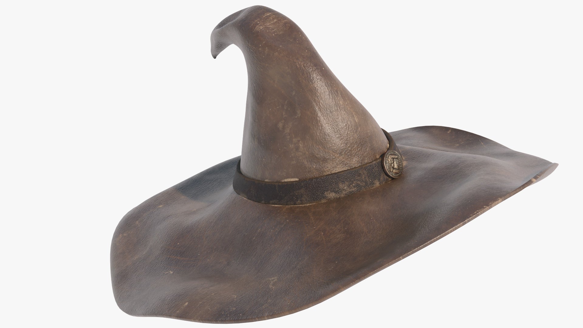 3D model of a medieval witch hat made of worn leather with a belt and an ancient buckle. The model has low polycount, PBR textures and clean UV, perfect for games and the metaverse