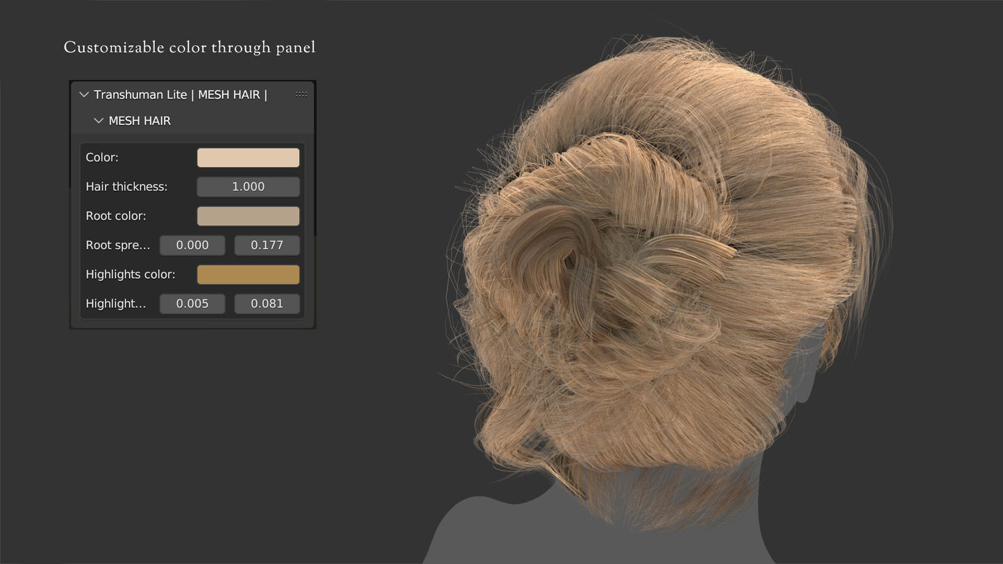 Mesh Card hair of a messy bun with bangs, lowpoly and PBR textures, for Blender and OBJ, by Heledahn