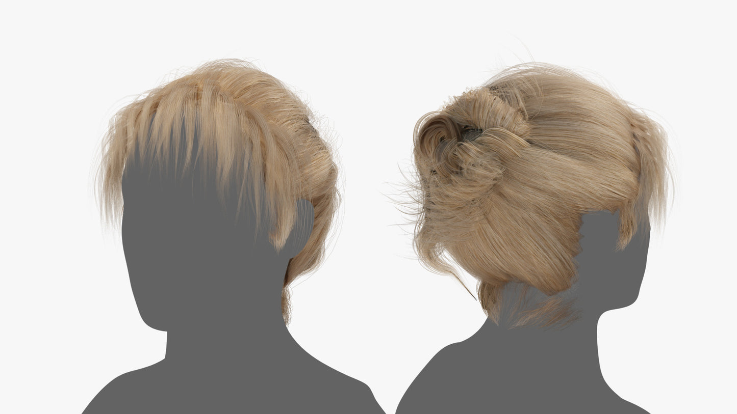 Mesh Card hair of a messy bun with bangs, lowpoly and PBR textures, for Blender and OBJ, by Heledahn