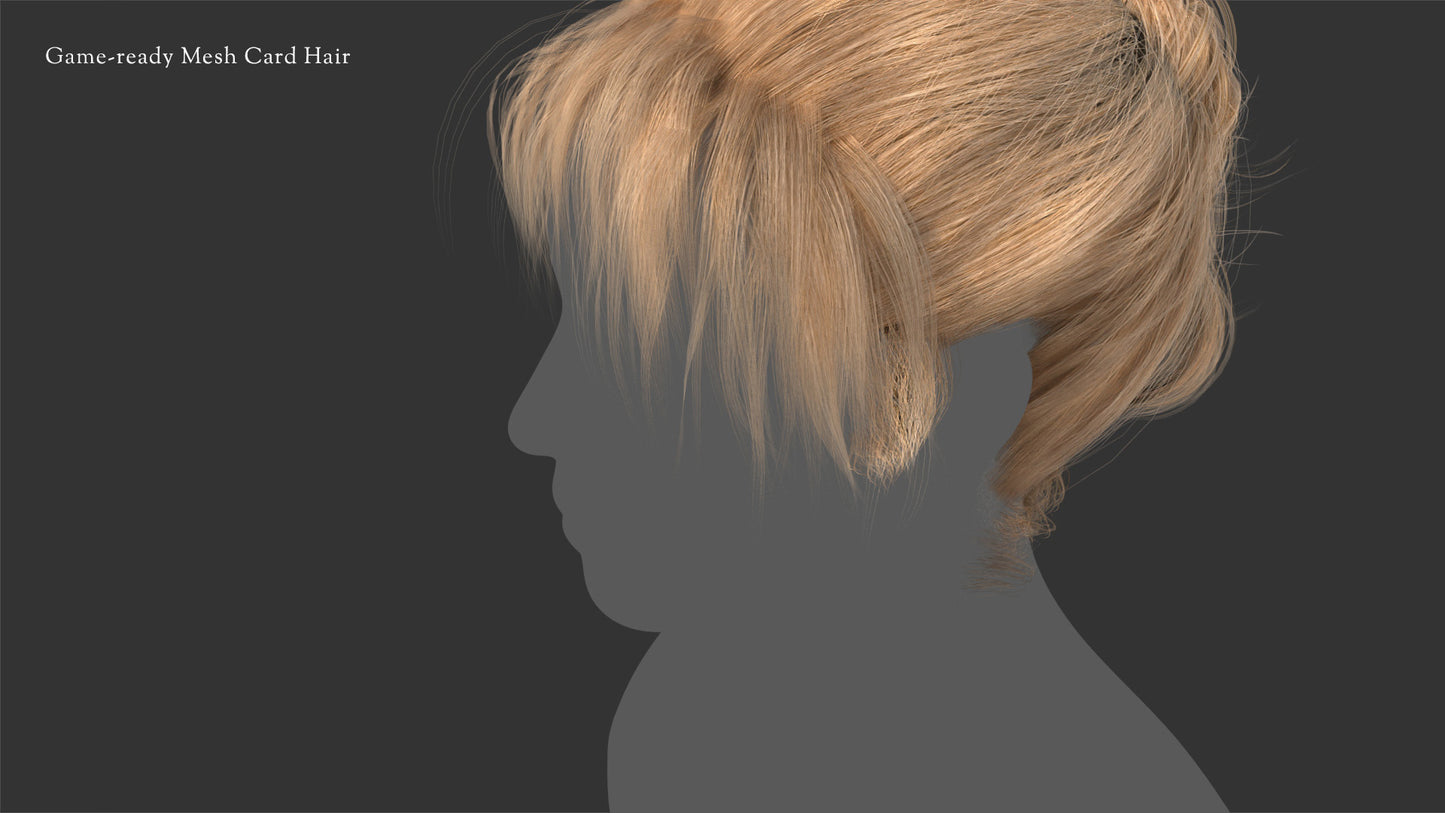 Mesh Card hair of a messy bun with bangs, lowpoly and PBR textures, for Blender and OBJ, by Heledahn