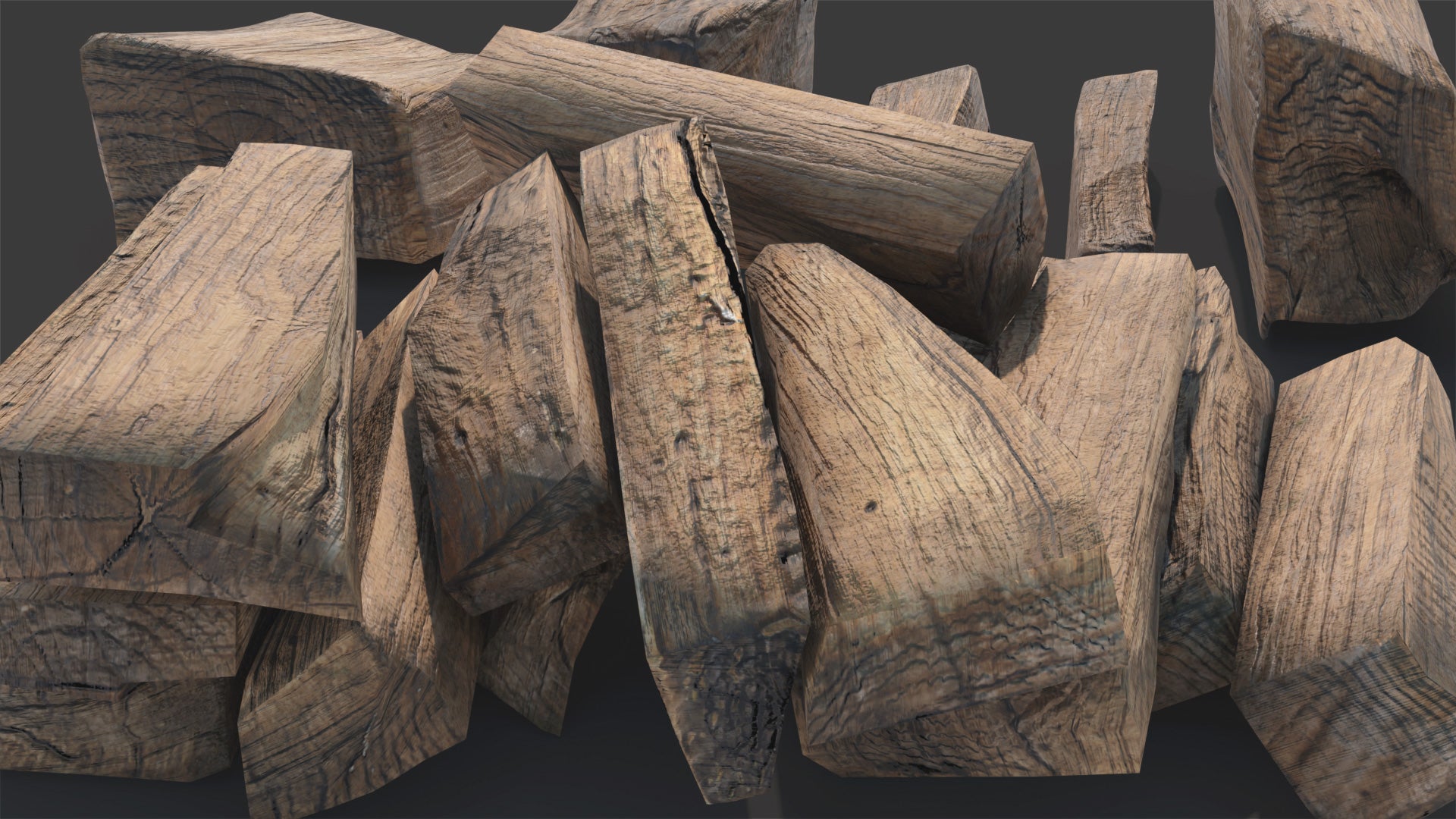 Closeup of a 3D model of neatly cut lumber. The textures are rough and the wood looks a bit dry.