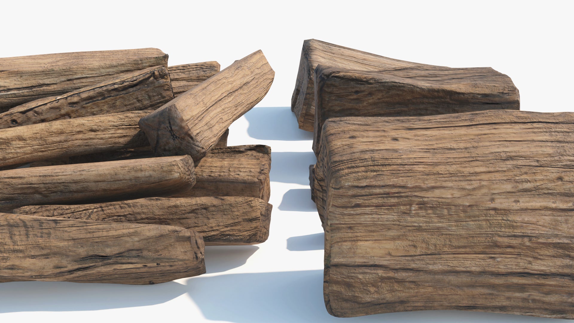 Closeup of a 3D model of neatly cut lumber. The textures are rough and the wood looks a bit dry