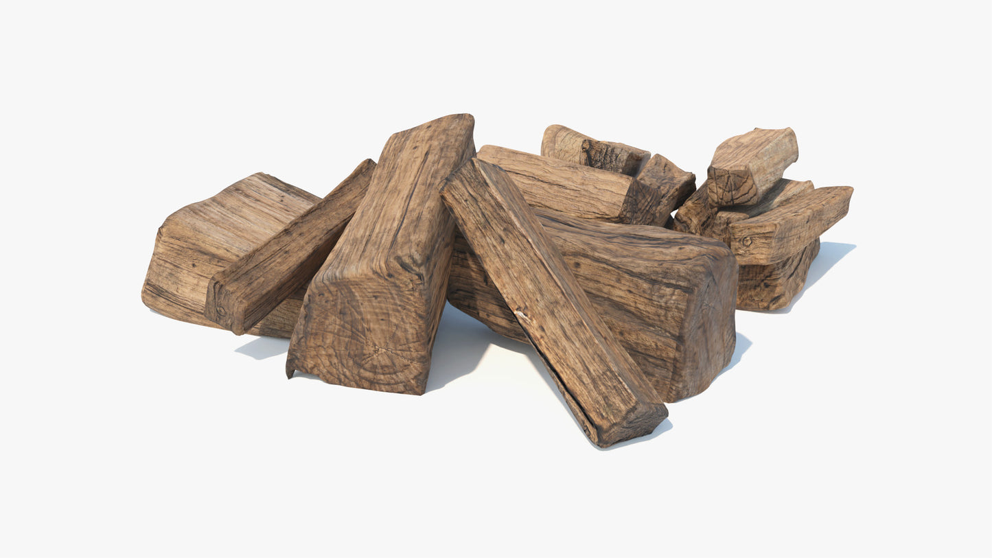 3D model of neatly cut lumber pieces arranged on a large pile. The model had low polycount and PBR textures, and so it looks very realistic