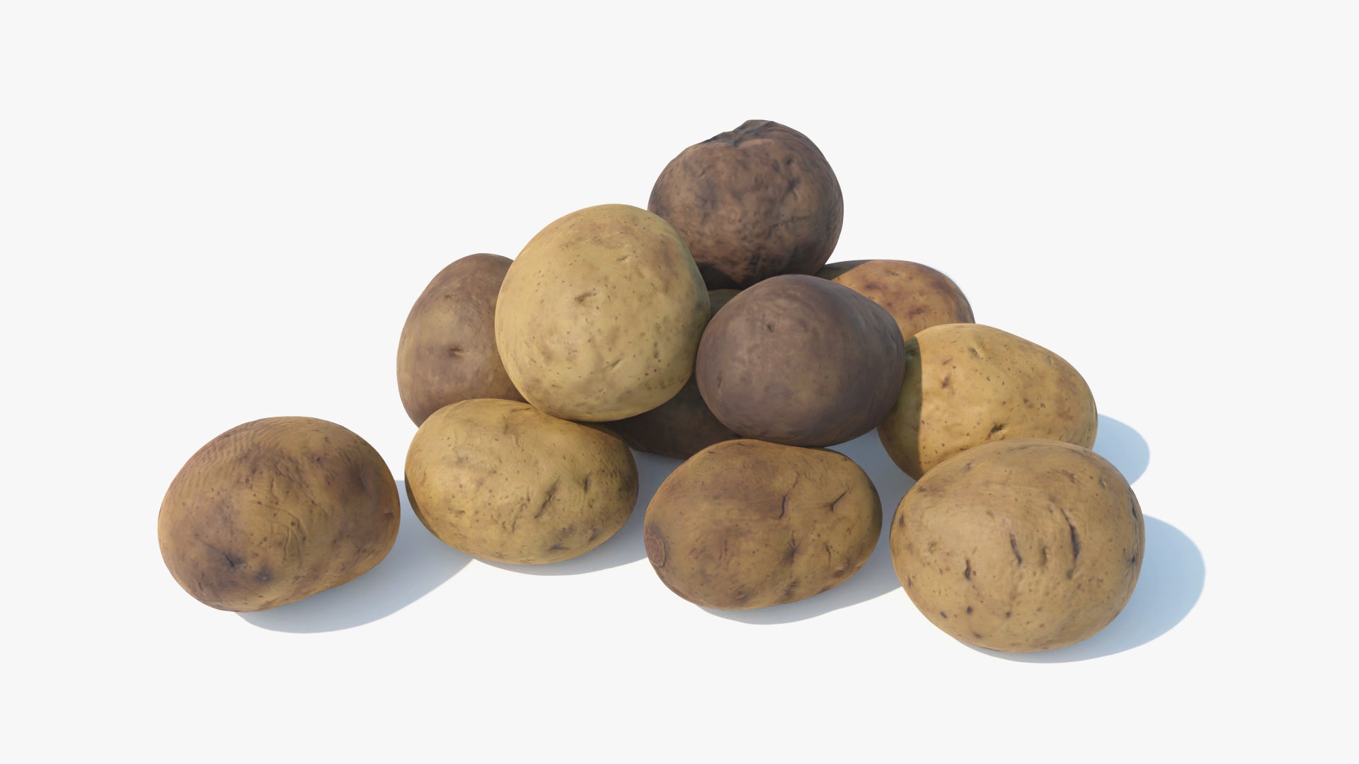 #D model of a group of 12 potatoes of wich 4 are clean, 4 are dirty, and 4 are old. Lowpoly and PBR materials make this a great game asset, perfect for the metaverse