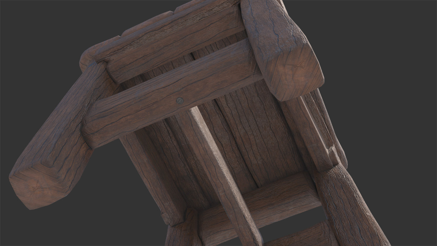 3D model of a rustic wooden stool, seen from the bottom. Looks handmade and it would fit well in a medieval setting. It had low polycount and still looks very realistic!
