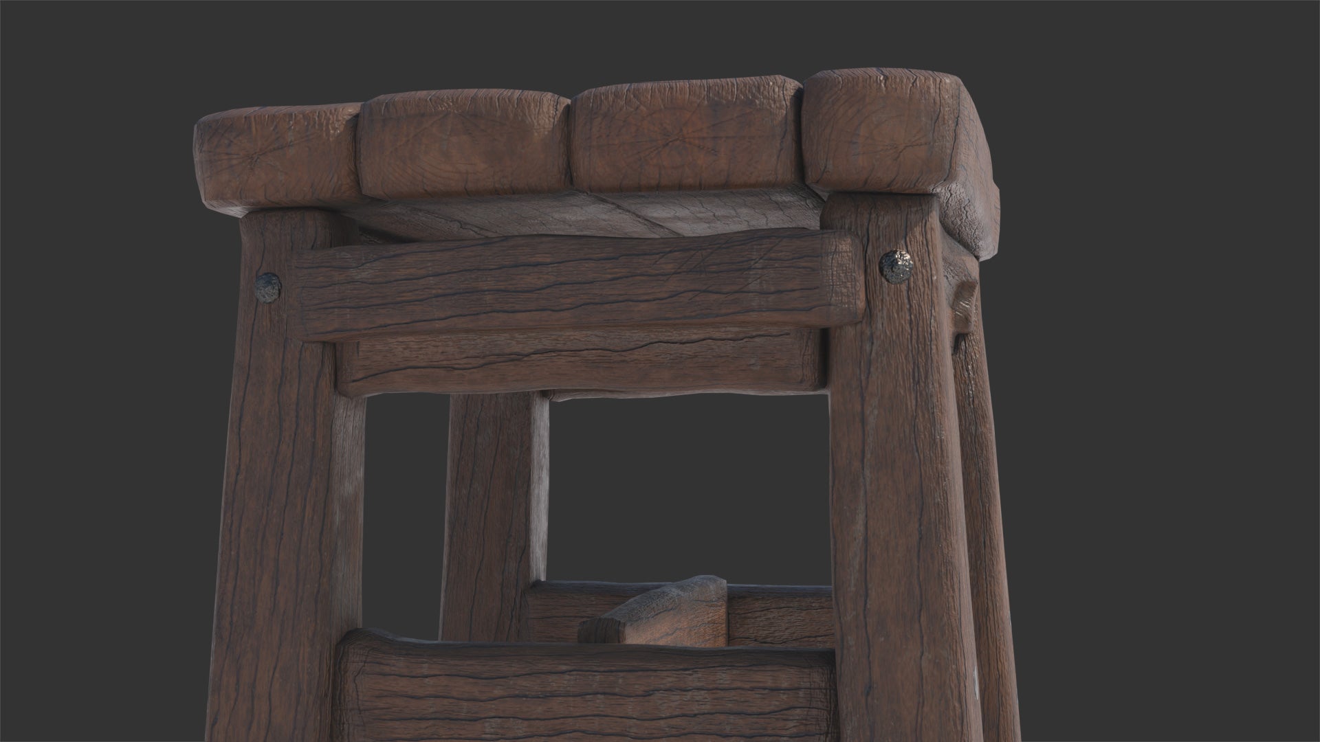 3D model of a rustic wooden stool, focused on a detail of the legs attachments with old iron nails, looks handmade and it would fit well in a medieval setting. It had low polycount and still looks very realistic!