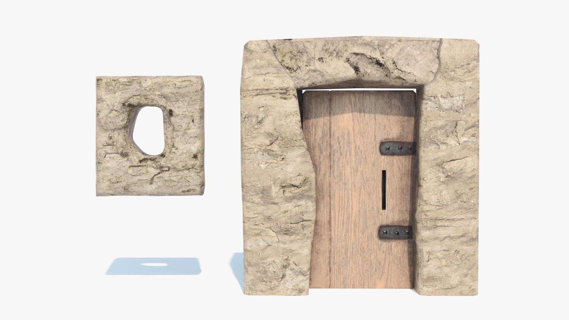 3d model of a secretive medieval rustic door and window, set on a stone wall, made with low polycount and PBR textures. Perfect game asset for the metaverse